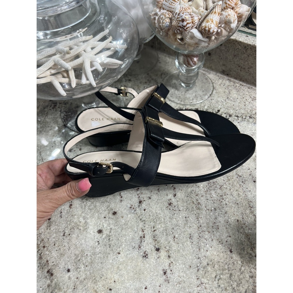 Cole Haan Tali Grand Bow Black Leather Wedge Sandals W00965 Womens 8B